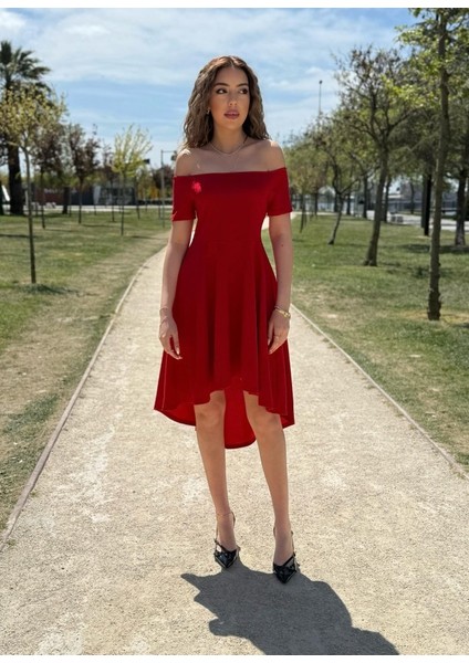 Kadın Kısa Kollu Madonna Yaka Önü Kısa Arkası Uzun Ithal Krep Elbise fiyatları