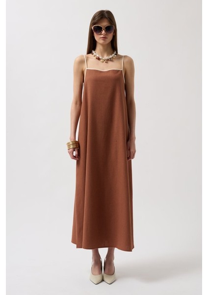 Şerit Detay Keten Maxi Elbise fiyatları