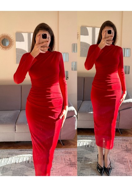 Kadın Drapeli Tül Kumaş Uzun Kollu Midi Boy Elbise fiyatları