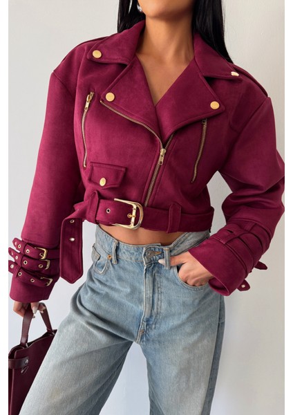 Süet Crop Ceket Kol 3 Kemer Detaylı - Bordo modelleri