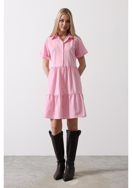 Kısa Kol Düğmeli Elbise - Şeker Pembe fırsatları