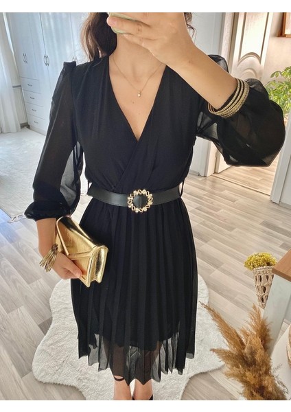 Kadın Şifon Kumaş Astalı Kloş Kesim Kruvaze Yaka Midi Boy Elbise
