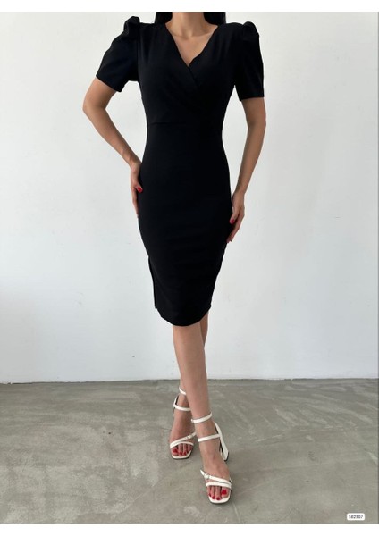 Kadın Kruvaze Yaka Yandan Yırtmaç Detaylı Scuba Krep Kumaş Midi Boy Elbise indirimleri