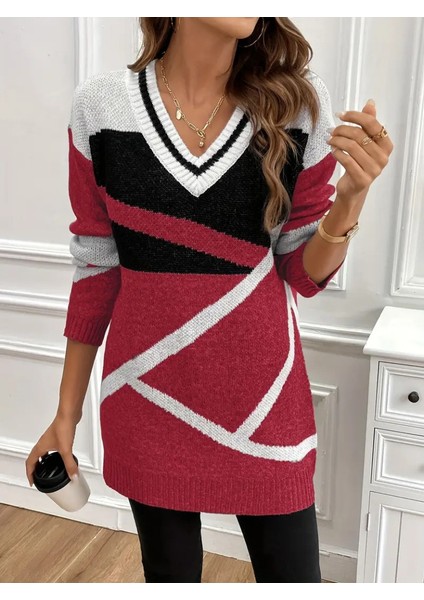 Kadın Uzun Kollu V Yakalı Kısa Triko Elbise