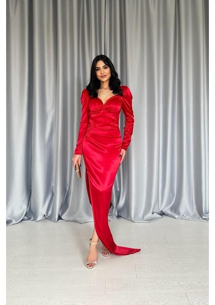 Kırmızı Göğsü Kuplu Yırtmaçlı Elbise fiyatları