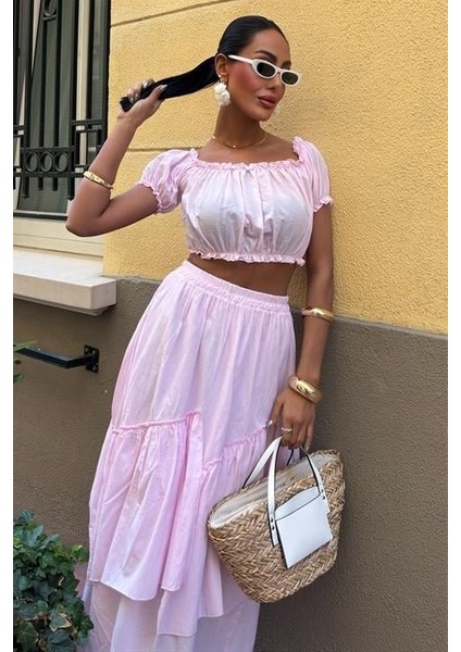 Büzgülü Crop Kat Detaylı Fırfır Etekli Takım 10196