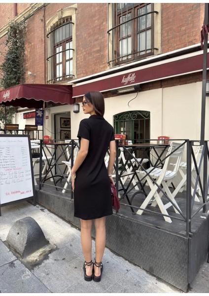 Osy Modal Yumuşak Dokulu Kumaş Yakalı Kısa Kollu Elbise - Siyah modelleri