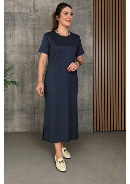 Kadın Kısa Kollu Bisiklet Yaka Yırtmaçlı Viskon Iki Iplik Elbise fiyatları