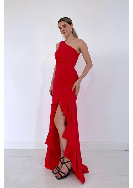 Kırmızı Yırtmaçlı Volanlı Elbise fiyatları