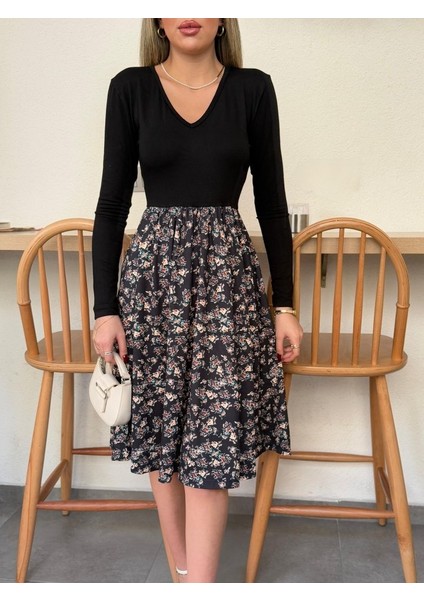 Kadın Uzun Kollu V Yakalı Üst Viskon Alt Çiçek Desenli Süprem Kısa Elbise modelleri