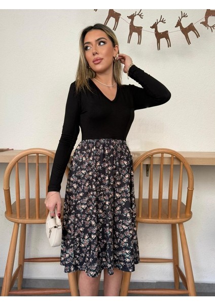 Kadın Uzun Kollu V Yakalı Üst Viskon Alt Çiçek Desenli Süprem Kısa Elbise indirimleri