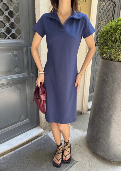 Osy Modal Yumuşak Dokulu Kumaş Yakalı Kısa Kollu Elbise - Mavi fiyatları