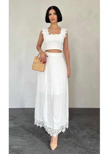 Beyaz Güpürlü Crop ve Etek Takım