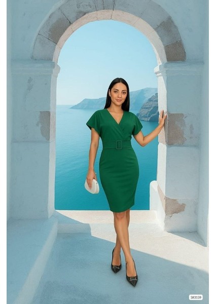 Kadın Dalgıç Krep V Yaka ve Sırt Dekolte Detaylı Elbise