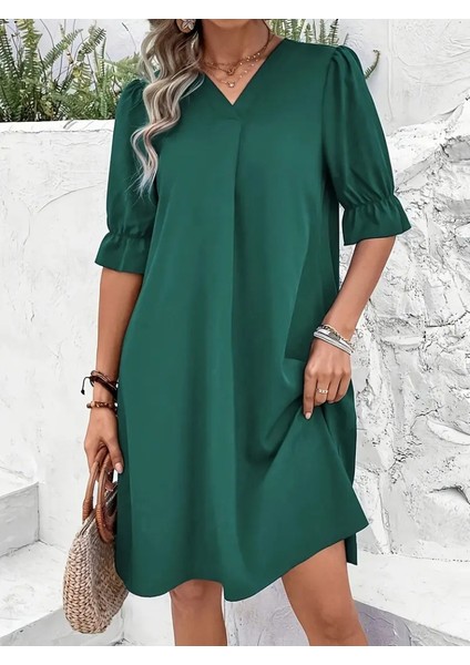 Kadın Kısa Kollu V Yakalı Salaş Janjan Krep Elbise