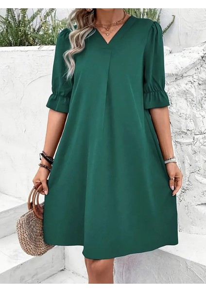 Kadın Kısa Kollu V Yakalı Salaş Janjan Krep Elbise modelleri