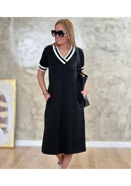 Kadın Kısa Kollu V Yaka Kol ve Yaka Ribana Detay Midi Boy Viskon Elbise