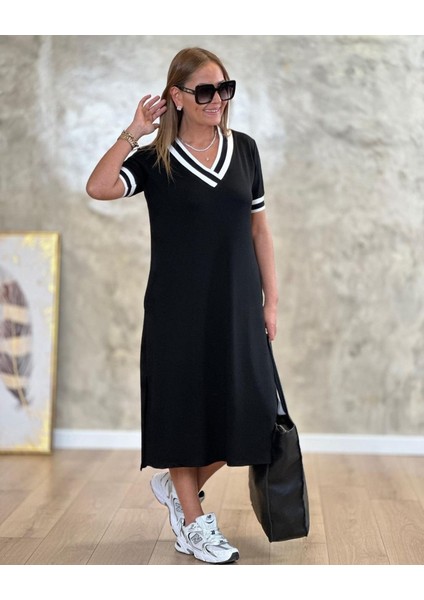 Kadın Kısa Kollu V Yaka Kol ve Yaka Ribana Detay Midi Boy Viskon Elbise