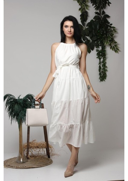 Ekru Halter Yakalı Kuşaklı Elbise