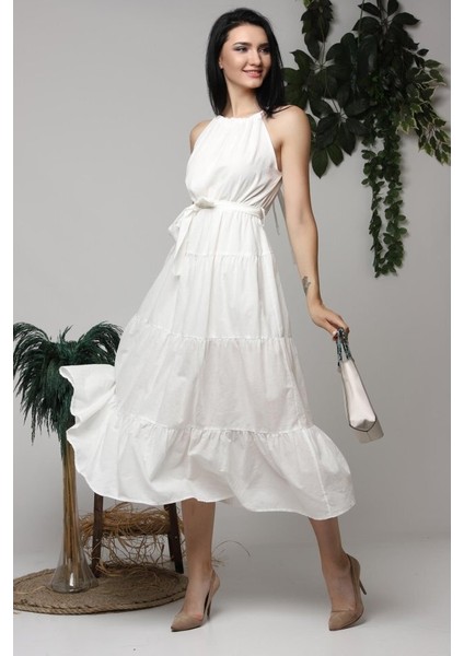 Ekru Halter Yakalı Kuşaklı Elbise modelleri