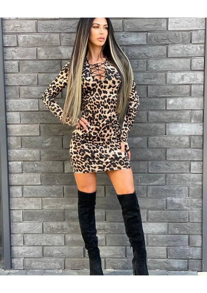 Kadın Örme Viskon Kumaş Leopar Desenli Çapraz Göğüs Detay Mini Boy Elbise modelleri