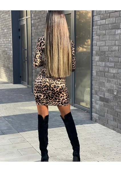 Kadın Örme Viskon Kumaş Leopar Desenli Çapraz Göğüs Detay Mini Boy Elbise