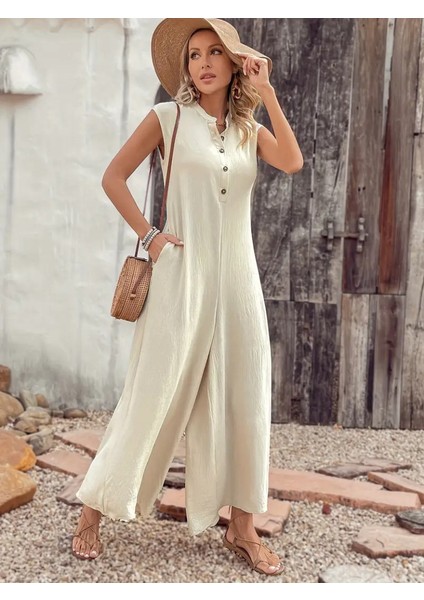 Kadın Kısa Kollu önden Düğmeli Paçaya Doğru Geniş Cepli Uzun Bürümcük Tulum