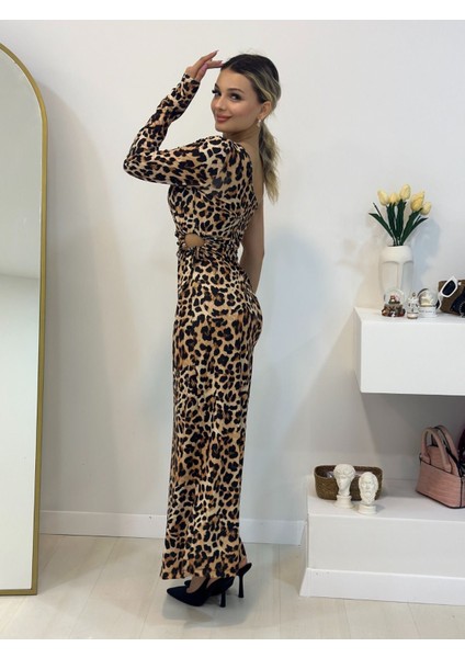 Kadın Dalgıç Kumaş Leopar Baskılı Yan Dekolte Detaylı Elbise fiyatları