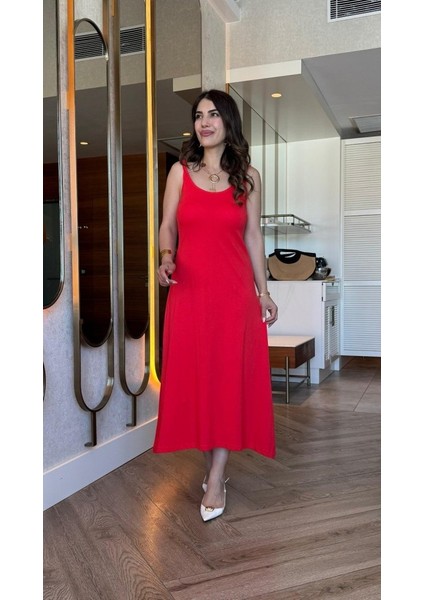 Kadın Askılı Yuvarlak Yakalı Viskon Elbise