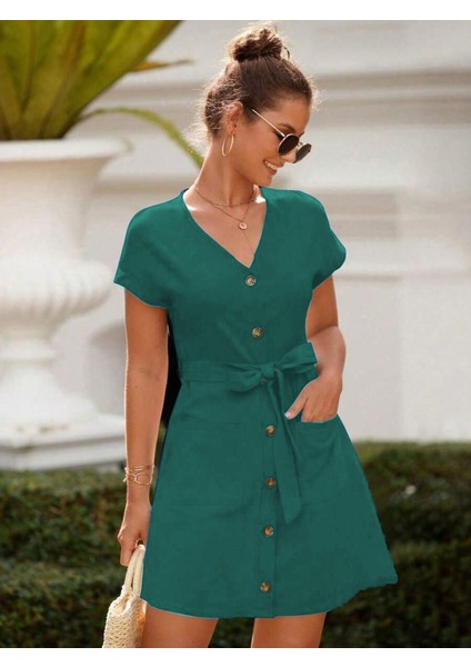 Kadın Kısa Kollu V Yakalı Önden Düğmeli Belden Kuşaklı Cepli Sofya Elbise fiyatları