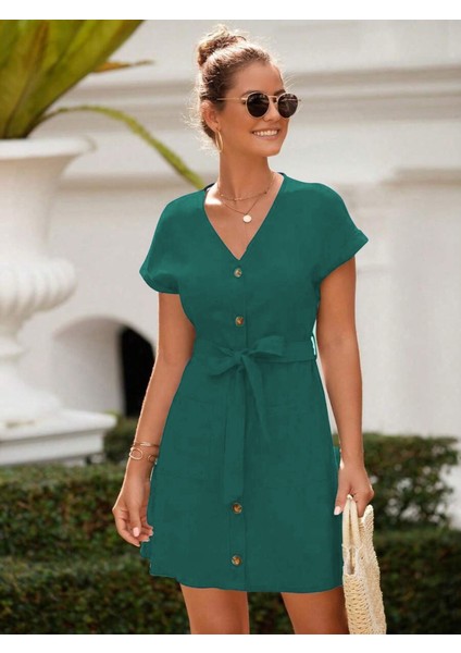 Kadın Kısa Kollu V Yakalı Önden Düğmeli Belden Kuşaklı Cepli Sofya Elbise modelleri