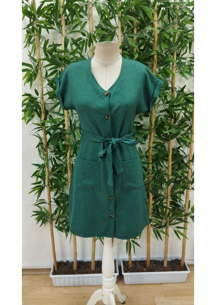 Kadın Kısa Kollu V Yakalı Önden Düğmeli Belden Kuşaklı Cepli Sofya Elbise indirimleri