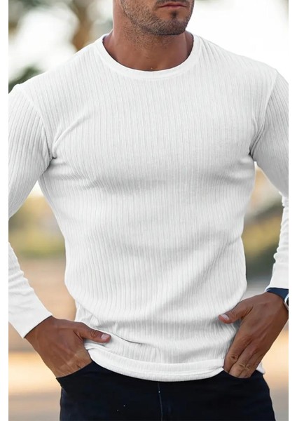 Jordao Fitilli Slim Fit Likralı Bisiklet Yaka Erkek Uzun Kol Tshirt