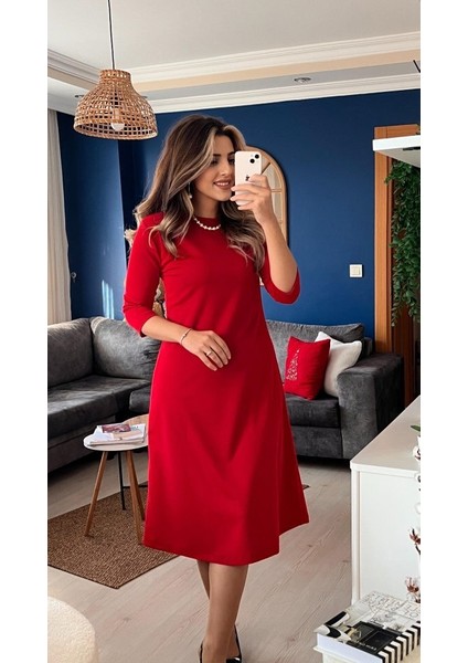 Kadın Uzun Kollu Bisiklet Yaka Midi Ithal Krep Elbise