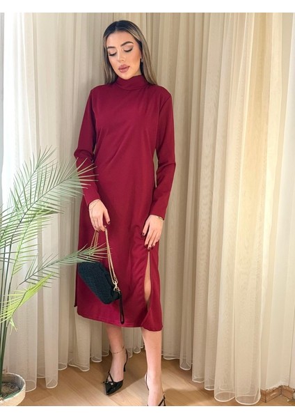 Kadın Uzun Kollu Balıkçı Yaka Derin Yırtmaç Detay Krep Elbise fırsatları