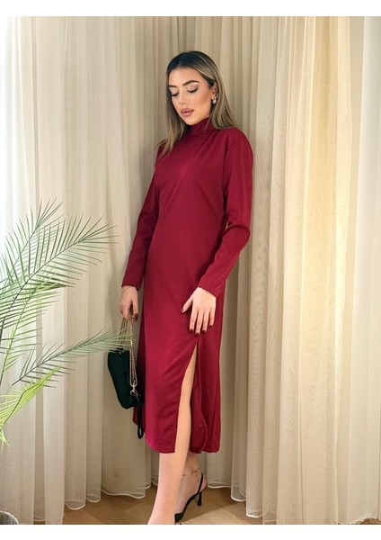 Kadın Uzun Kollu Balıkçı Yaka Derin Yırtmaç Detay Krep Elbise indirimleri