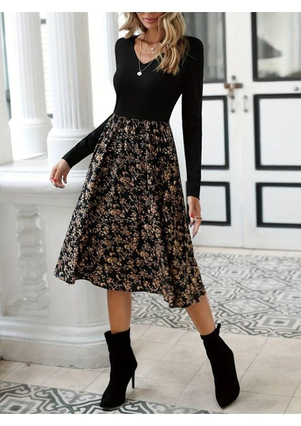 Kadın Uzun Kollu V Yakalı Üst Viskon Alt Çiçek Desenli Süprem Kısa Elbise fırsatları