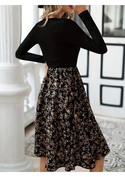 Kadın Uzun Kollu V Yakalı Üst Viskon Alt Çiçek Desenli Süprem Kısa Elbise