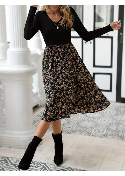 Kadın Uzun Kollu V Yakalı Üst Viskon Alt Çiçek Desenli Süprem Kısa Elbise