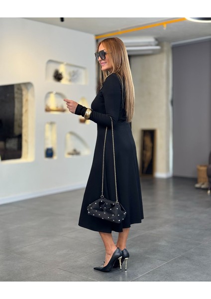 Kadın Uzun Kollu Balıkçı Yaka Omuzda Damla Detaylı Yırtmaçlı Krep Midi Elbise fiyatları