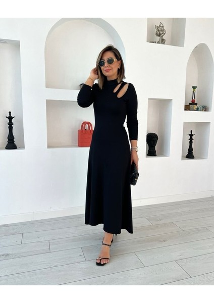 Kadın Uzun Kollu Balıkçı Yaka Omuzda Damla Detaylı Yırtmaçlı Krep Midi Elbise