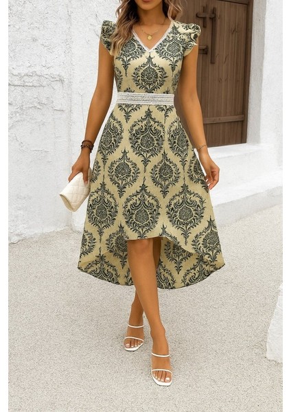 Kadın Kısa Kollu V Yakalı Çiçek Desenli Önü Kısa Arkası Uzun Pegasus Elbise modelleri