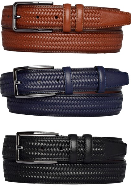 %100 Hakiki Deri, 3'lü Set Siyah, Lacivert, Tosado, Örgü Baskılı Kumaş Pant. Kemeri 3.5 Cm_örgü.bas