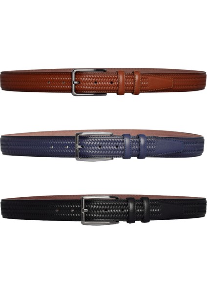 %100 Hakiki Deri, 3'lü Set Siyah, Lacivert, Tosado, Örgü Baskılı Kumaş Pant. Kemeri 3.5 Cm_örgü.bas fırsatları