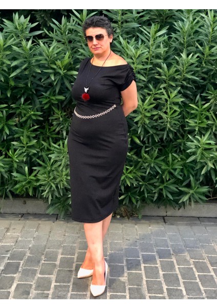 Kayık Yaka Büzgülü Düşük Kol Kemer Detaylı Midi Boy Elbise modelleri