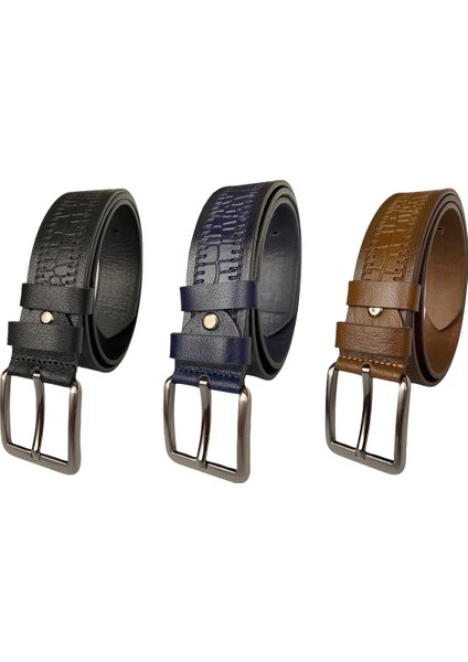 %100 Hakiki Deri Desenli Premıum, 3'lü Set Siyah, Lacivert, Taba Kot Spor Kemer, 4.5 Cm=3lü-Pre-Krok modelleri