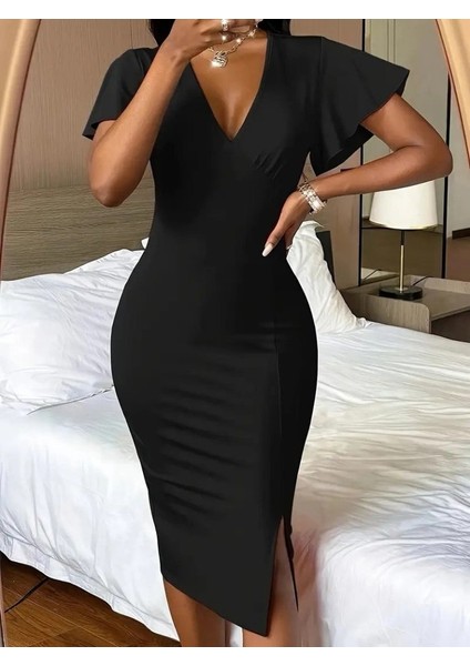 Kadın Kısa Kollu Derin Dekolte V Yakalı Yırtmaçlı Midi Janjan Krep Elbise fiyatları