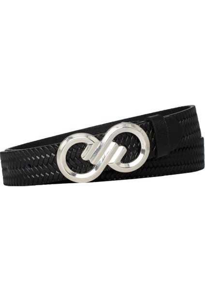 %100 Hakiki Deri, Gümüş Tokalı 3 cm Örgü Desenli Siyah Kadın Kemeri; Elbise, Pantolon KEMERI=3CMKD44