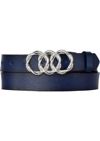 %100 Hakiki Deri, Gümüş Örgü Tokalı 3 cm Lacivert Kadın Kemeri; Elbise, Pantolon Kemeri=3cm-Kdn-46