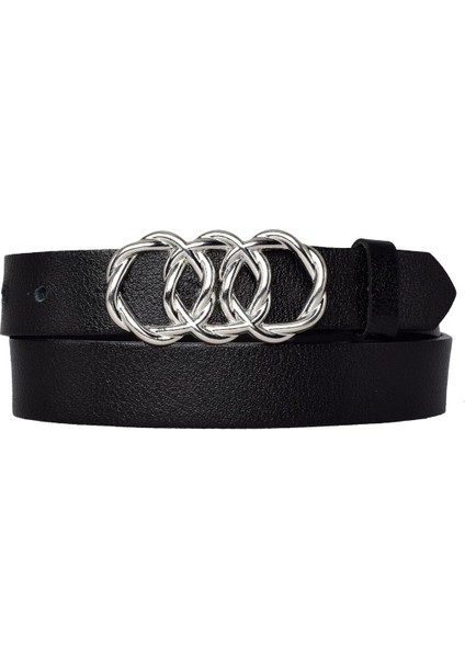 %100 Hakiki Deri, Gümüş Örgü Tokalı 3 cm Siyah Kadın Kemeri; Elbise, Pantolon Kemeri=3cm-Kdn-46